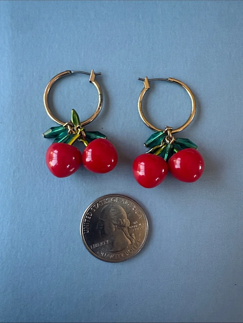 J. Crew Gold Hoop Earrings with Red Cherry and Green Leaf Charms